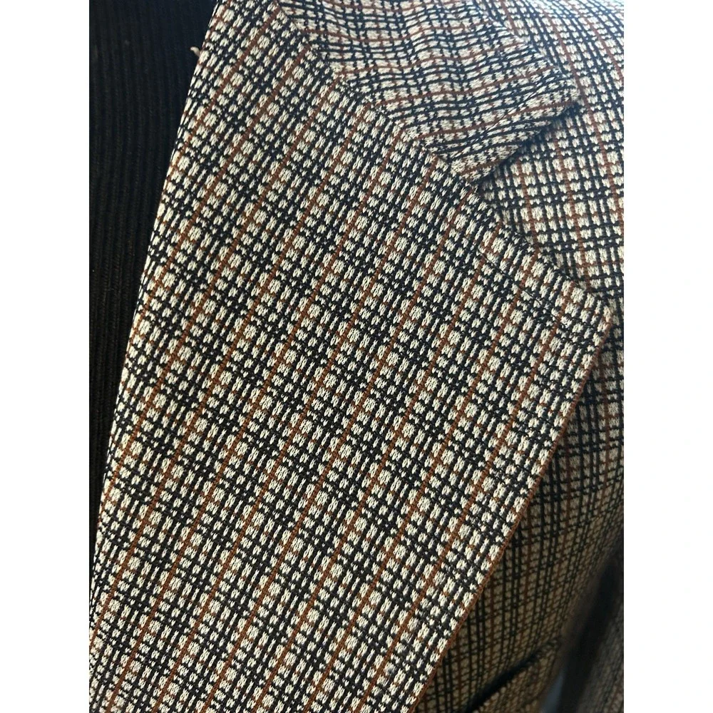 Vtg 70s Blue Gray Maroon Plaid Double Knit Golf Sport Coat Jacket Blazer 40 L